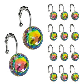 Sunlit Luxury Design Glitter Round Colorful Diamond Crystal Gem Bling with Glide Balls Shower Curtain Hooks, Rust Proof Metal Rhinestones Glam Shower Curtain Rings-12 Pack