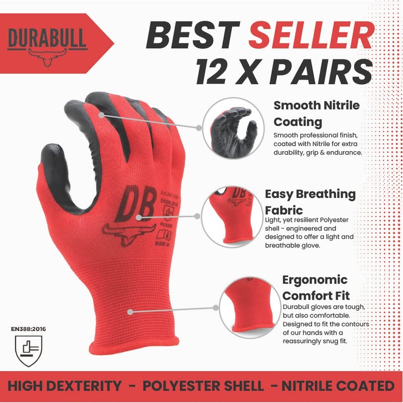 Durabull Work Gloves - 12 Pairs. Protective Safety Gloves For