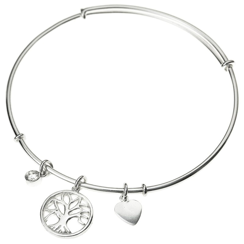 Sterling Silver Cubic Zirconia Love Family Tree Dangle Charm Bangle