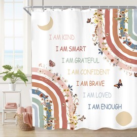 Imirell Kids Boho Rainbow Floral Inspirational Quotes Shower Curtain 60Wx72H Inches Abstract Motivational Positive Teen Girls Women Pink Moon Sun Fabric Waterproof Polyester with 12 Pack Hooks Plastic