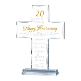 YWHL 20th Anniversary Religious Gifts for Couple, Laser Engraved Glass Standing Cross Keepsake for Him, 20 Years Wedding Anniversary Cross Gifts for Her