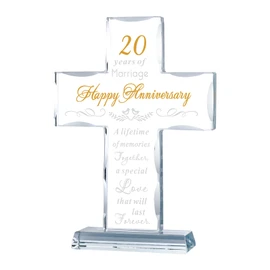YWHL 20th Anniversary Religious Gifts for Couple, Laser Engraved Glass Standing Cross Keepsake for Him, 20 Years Wedding Anniversary Cross Gifts for Her