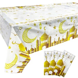 XNIVUIS 3 Pack Ramadan Table Cloth,130x220cm White Gold Eid Decorations Table Cloth Plastic Moon Star Tablecover,Ramadan Decorations for Eid Ramadan Decorations Islam Muslim Party (white)