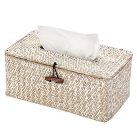 Shonmogar Tissue Box Cover Rectangle Seagrass Tissue Box,Woven Tissue Box Holder with Lid,Farmhouse Tissue Cover for Bathroom Toilet Living Room Bedroom Kitchen Table Desk Office,Whitewash