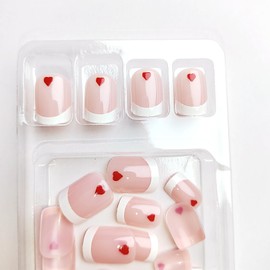 Red Love Heart Press on Nails Short Square Valentines Day Fake Nails with Small Red Love Heart Design White French Tip False Nails Valentine Love Glue on Nails Red Heart Stick on Nails for Women Girls