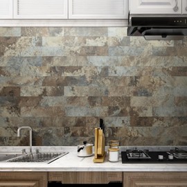 AULIGET 4-Piece Beige & Brown Slate Peel and Stick Backsplash Wall Tiles, 3" x 12" PVC Faux Stone Stick on Tiles for Backsplash Kitchen, Bathroom, Laundry Room, Camper, Fireplace