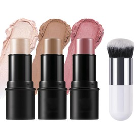 Bronzer Stick, 3 Pcs Contour Stick And 1 Pcs Brush, Contour Kit, For Cheeks, Eyes And Lips, Long-Lasting Waterproof Smooth All-In-One Facial Makeup Set For All Skin Types