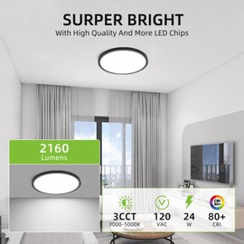 hykolity 2 Pack 12 Inch Selectable CCT LED Round Flat Panel Light, 24W, 3000K/4000K/5000K, Edge-Lit Flush Mount Ceiling Light Fixture for Kitchen, Bedroom and Closet Room, Black