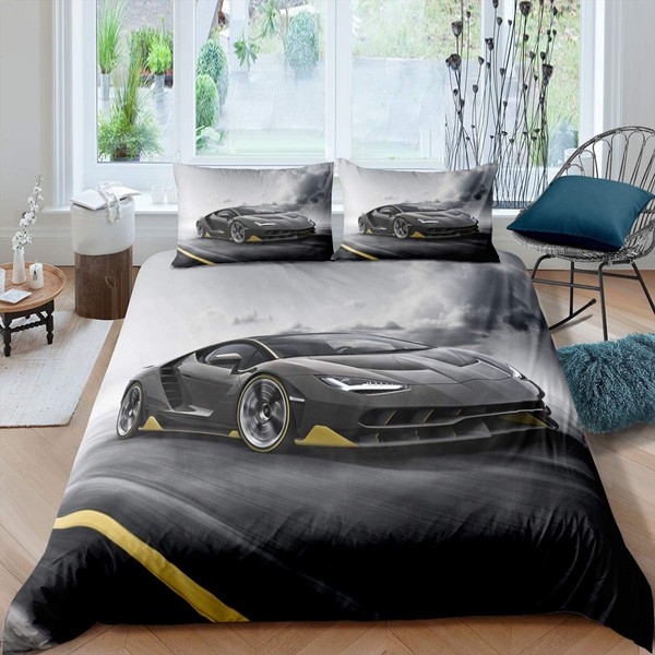 Erosebridal Race Car Comforter Cover Full Size for Kids Boys Teens Cool Speed Racing Car Automobile Print Sports Game Theme Duvet Cover, Decorative 3 Piece Bedding Set with 2 Pillow Shams, Grey Black
