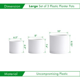 6.5 Inch 8 Inch 10 Inch, Set of 3 Plastic Planter Pots for Plants with Drainage Hole and Seamless Saucers, White Color, Large, 74-E-L-1