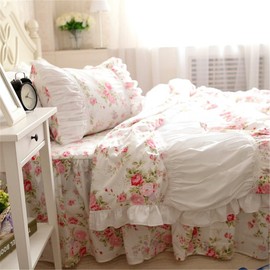 FADFAY Cotton Bedding,Shabby Rose Floral Print Bedding Set,Elegant Country Style Vintage Ruffles Duvet Cover Bed Sets with Lace King Size