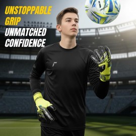Reusch Attract Infinity Finger Support Junior Goalie Gloves, Soccer Goalkeeper Gloves with Finger Protection, Breathable Durable, for Artificial Grass & Hard Surfaces, Kids Youth Size 5 Black & Yellow