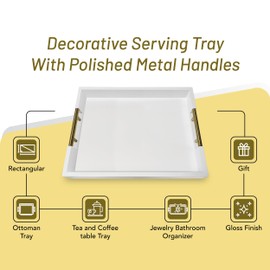 Wood Serving Tray with Gold Polished Metal Handles, Home Decorative Wooden Rectangle Ottoman Decor Platter Bathroom Vanity Tray for All Occasions, Gloss Finish, 16"x12", White