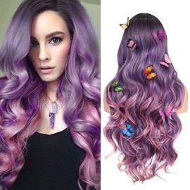 WIGNEE 26 Inches Purple Wig Dark Root to Purple and Pink Wig Long Wavy Synthetic Lace Part Wig 3 Tone Ombre Purple Wigs for Women