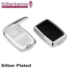 SILBERKANNE Pill Box 2 Compartments 6.5 x 4.5 cm x 1.5 cm with Black Faux Leather Premium Silver Plated Elegant Silver-Plated in Top Workmanship