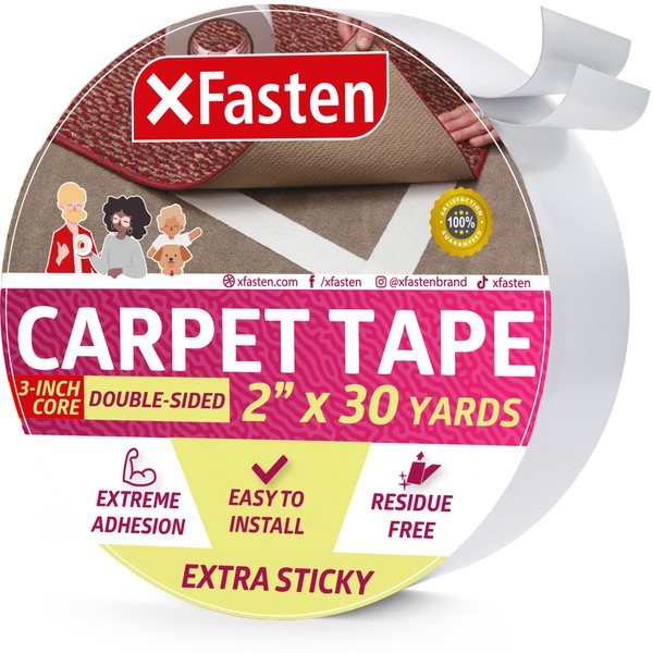 XFasten Super Strong Double Sided Carpet Tape Extra Sticky, 2-inch by 30-Yard, Heavy Duty Double Sides Area Rug to Carpet Gripper Tape, Ideal for Homes with High Foot Traffic and Large Pets