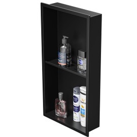 Bernkot Stainless Steel Shower Niche 24" X 12" Matte Black No Tile Needed Wall Niche Double Shelves Recessed Shower Shelf for Bathroom Storage Over Mount Installation