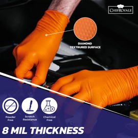 CHEF ROYALE (50, Medium Orange Nitrile Gloves - Unisex Disposable Gloves - Heavy Duty Protection for Gardening, Mechanics, Cleaning, and More | Thorn Proof, Waterproof, Latex-Free (50, Large)