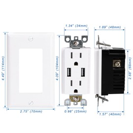 Baomain 5-Pack 15A Tamper-Resistant USB Outlet with 4.8A Charger – 2 USB Type A Ports & 2 AC Receptacles, UL&CUL Listed, Includes White Wall Plates (Standard Size)