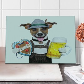 Lunarable Oktoberfest Cutting Board, Oktoberfest Dog with Beer Mug and Gingerbread Heart Smiling Happy Times Art, Decorative Tempered Glass Cutting and Serving Board, Large Size, Yellow Brown