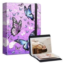 Photo Album 4x6-120 Photos Capacity,PU Leather Cover with Elastic Band,High Definition Waterproof PP Pages for Family Wedding Anniversary Baby Record,Butterflies Purple