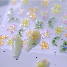 LINMEIZAI Flowers Nail Stickers for Nail Art - Green Flower Nail Art Stickers Spring Floral Lily Petals 5D Embossed Nail Decals Self-Adhesive Nail Supplies Manicure Sliders Sticker for Nail Decoration