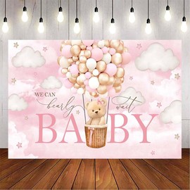 VanillaBay We Can Bearly Wait Backdrop Pink Bear Gender Reveal Baby Shower Photo Backdrops Clouds Balloons Party Decorations Supplies Photography Background 70.8x43.3 inch