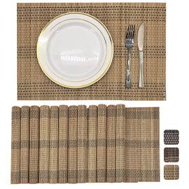 ANDSTAR Set of 12 Pcs Bamboo Placemats Natural Anti-Slip Bamboo Placemats Washable Heat-Resistant Table Mats for Dining Room and Kitchen（Brown+White+Black）