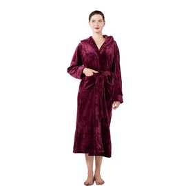Dowesrobe Womens Fleece Hooded Fluffy Bathrobe Plush Long soft cozy Winner Warm fuzzy Spa Robe with deep pockets (Medium,Red)