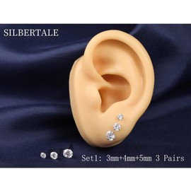 3 Pairs 925 Sterling Silver Cubic Zirconia Stud Earrings 3mm-4mm-5mm Set Men Women