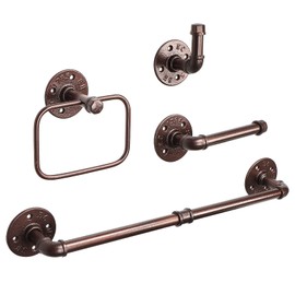 NearMoon 4 Pieces Industrial Pipe Bathroom Hardware Set, Include 18 Inch Towel Bar, Towel Ring, Toilet Paper Holder and Robe Hook, Heavy Duty Rustic Iron Decor Wall Mounted Accessories Kit (Bronze)