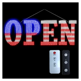 USA Flag 40"x14" Extra Large LED Open Signs for Business with Remote Controlled, 10 Levels Brightness Adjustable Unique Design Super Bright with Chain, High Visibility for Store Bar Hotel Retail Shop