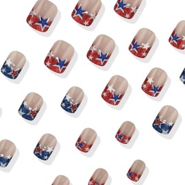 4th of July Press on Nails Short Square Fake Nails with Star Designs Red Blue French Tip Nails Press ons Independence Day False Nails Glossy Glue on Nails Glitter Stick on Nails for Women 24Pcs