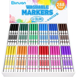 Ellinjan 288 Count Washable Markers for Kids, Bulk Markers for Classroom, Fine Line Coloring Markers with Conical Tip, Back to School Supplies, Classroom Must Haves, 12 Assorted Colors