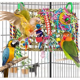 Hyamass Bird Toys, Bird Foraging Toys, Edible Seagrass Woven Climbing Hammock Mat with Colorful Chewing Toys, Suitable for Parakeets Cockatiel Conures Lovebirds Finch Budgies Small Birds