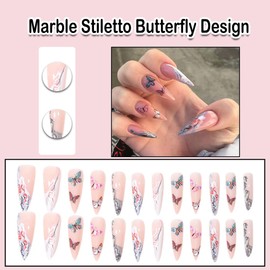 ANDGING Marble Press on Nails Stiletto Pink Medium Long Fake Nails Glue on Nails with Butterfly Design Manicure Acrylic 24Pcs Women False Nails with Glue Gel Stick on Nail for Wedding Birthday KLA778