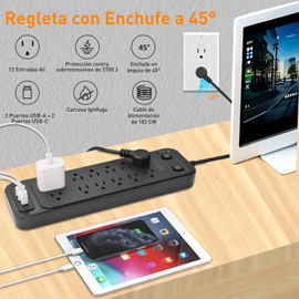 HEILUON Regleta Multicontacto 16 en 1 con Protección contra Sobretensiones, 1.8m Extensión Eléctrica, 12 Tomas + 4 USB (2 USB-C), Multicontacto Pared para Hogar y Oficina, Diseño Negro Elegante