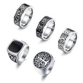 Finrezio 5Pcs Stainless Steel Rings for Men Greek Signet Thumb Silver Retro Carving Celtic Band Rings Vintage Biker Band Rings Set