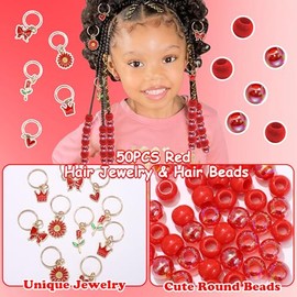 NAISKA 50PCS Red Hair Jewelry for Braids Cute Hair Beads Flower Heart Hair Charms for Girls 7 Styles Dreadlock Jewelry Loc Beads Valentine's Day Hair 