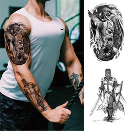 Cool Warrior Roman Temporary Tattoo For Men, Large Black Realistic 3D Greek God Gladiator Fake Tattoo Adult Teen Boy, Spartan Knight Lion Cross Temp Tatoo Sticker Half Sleeve Arm Chest Body, 8-Sheet