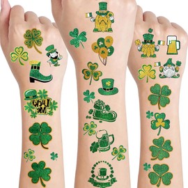 St. Patrick's Day Temporary Tattoo Sticker Set Glittery Green Shamrock & Gold Green Clovers Shamrocks Leprechaun Hats Tattoos for Face & Body, Festive Fake Tattoos for Kids & Women 10 pcs
