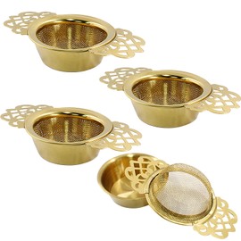 Moicstiy 4 Pack Tea Strainers with Drip Bowls, Stainless Steel Tea Strainer Bowl Loose Leaf Tea Filter for 2.5-4 Inch Cup Mouth (Gold)
