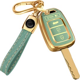 Lucrum Compatible with Honda Key Fob Cover & Leather Keychain - TPU Keyfob Case for Accord Civic CR-V SE LX HR-V (2014-2022) - Green and Gold