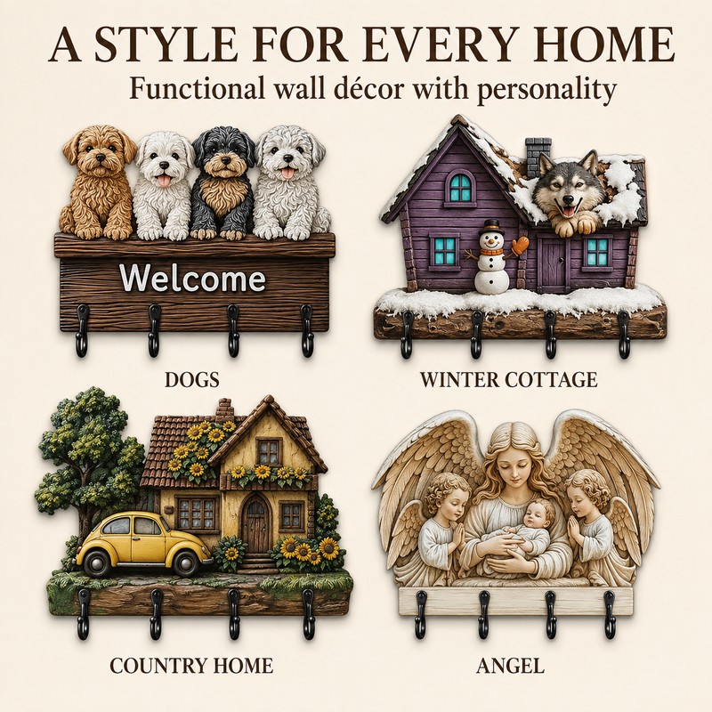 Wooden Key Holder for Entryway – Guardian Angel Wall Décor