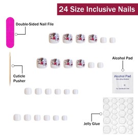 White Press on Toenails MABKJLF Short Fake Toe Nails Square False Toenails with Flower Designs Glossy Glue on Toe Nails Full Cover Spring Summer Acrylic Nails for Women Girls 24 Pcs