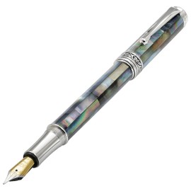 Xezo Maestro Fine/Extra-Fine Nib Fountain Pen Handcrafted with Black Mother of Pearl. Platinum Plated. Limited Edition, Serialized. No Two Pens Alike