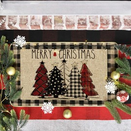 Artoid Mode Watercolor Buffalo Plaid Christmas Trees Welcome Decorative Doormat, Seasonal Winter Low-Profile Rug Switch Mat for Indoor Outdoor 17x29 Inch