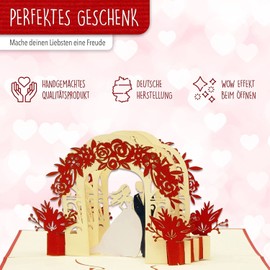 LINPOPUP®, LIN17536, Pop Up Card, Wedding Card, 3D Greeting Card for Wedding, Engagement, 3D Folding Card with Love Couple Under the Rose Gate, Wedding Congratulations, Wedding Invitation, N290