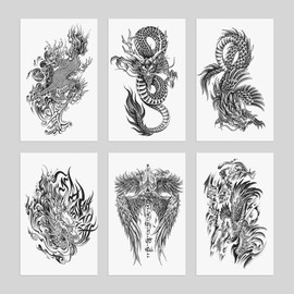 Oottati 6 Sheets Arm Waterproof Temporary Tattoos Black Flying Dragon Kylin Wing Pray Hand