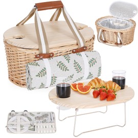 Zettfuly Picnic Basket Set for 2 - Wicker Insulated Picnic Basket with Waterproof Blanket, Folding Wine Picnic Table & Cutlery Kits, Picnic Baskets Kit for Camping, Outdoor, Valentine (Leaf)